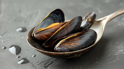   A spoonful of mussels atop a gray counter, dripping with water - obrazy, fototapety, plakaty