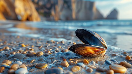   A tight shot of a mussel on a sandy beach, with a tranquil body of water nearby, and a towering cliff as the backdrop - obrazy, fototapety, plakaty