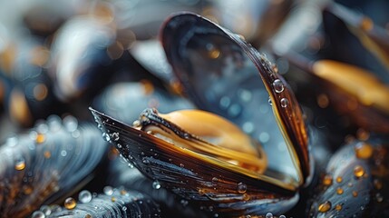   A close-up of a mussel shell with water droplets on its surface and a yellowish shell in the center - obrazy, fototapety, plakaty