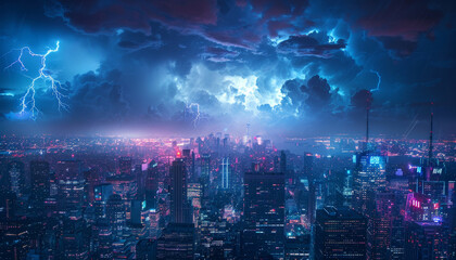 A cityscape with a stormy sky and lightning bolts by AI generated image