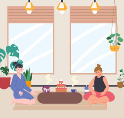 Girls drinking tea and coffee sitting on floor in living room. Young women recreation, friends meeting with cake or birthday, vector scene