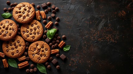   A black backdrop showcases a mound of chocolate chip cookies encircled by pecans and chocolate chips, accompanied by a solitary green leaf - obrazy, fototapety, plakaty