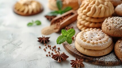 Obraz na płótnie Canvas A wooden cutting board holds a stack of cookies, adjacent to a mound of star anise