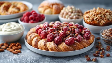   A platter displaying a cake topped with raspberries and almonds, accompanied by various other cakes and desserts