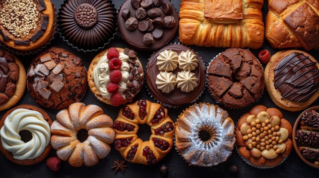   A table laden with various cakes and muffins atop a black countertop