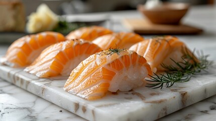   A tight shot of sushi on a pristine white plate against a marbled countertop, garnished with a sprig of fragrant rosemary - obrazy, fototapety, plakaty