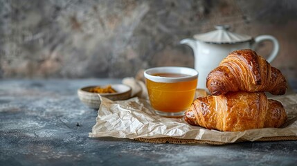   Two croissants atop a waxed paper, beside a teacup - obrazy, fototapety, plakaty