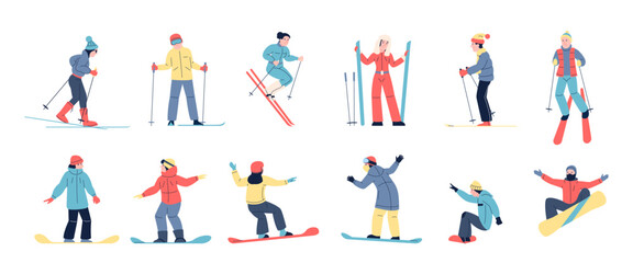 Skiers and snowboarders. Winter sport activities, people training on ski and snowboard. Athletic outdoor seasonal activity recent vector characters