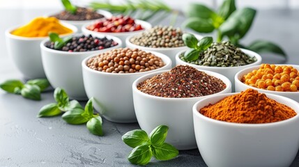   A table displays a row of white bowls, each brimming with distinct spice types Green leaves and peppercorns lie adjacent