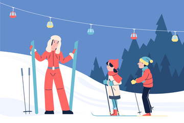 Children skiing. Women and kids on ski resort. Cute boy and girl training with coach in winter forest. Winter holidays, seasonal sport recent vector scene