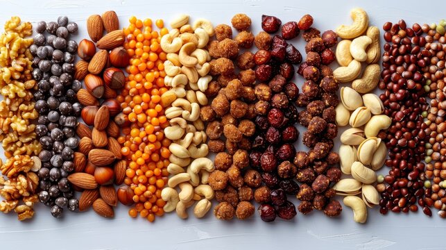   A line of various nuts and their shells arranged side by side
