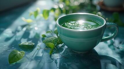   A cup holding green liquid sits on a table, adjacent to a leafy green plant