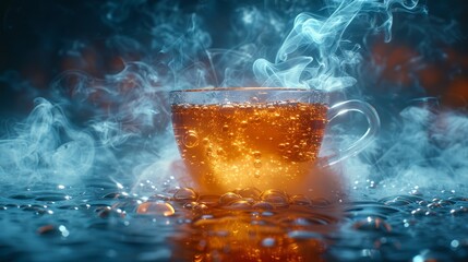   A tight shot of a steaming cup of tea with substantial steam rising from its surface - obrazy, fototapety, plakaty