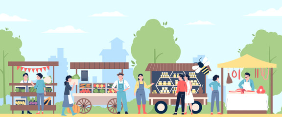 Farm market flat scene. Weekly morning markets on city park. Fresh fruits, agriculture seasonal products. Harvest time, recent vector concept