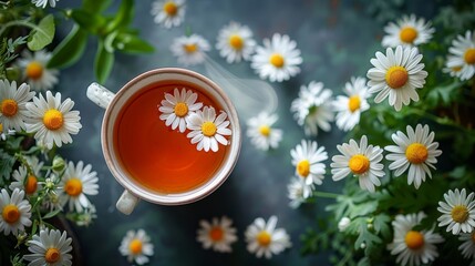  place a bunch of daisies atop the teacup, submerging their stems within but keeping blooms above - obrazy, fototapety, plakaty