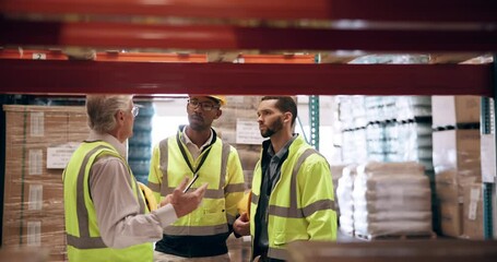 Senior man, team and logistics with discussion for inventory inspection, storage or shelves at warehouse. Male person, CEO or contractor talking to group for stock, clipboard or distribution at depot