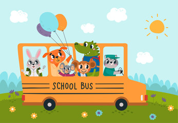 Animal school bus. Cute animals students ride to lesson in transport. Back to study, pupils with balloons and backpacks. Cartoon classy vector scene