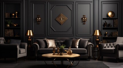 Black Luxury modern retro-style living room with blank image frames for your design 