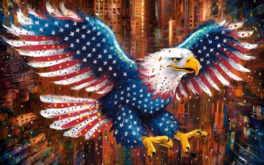 American eagle in feathers and the colors of the United States flag, flying and spreading its wings, abstract, digital art.