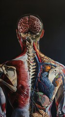 Produce a hyper-realistic oil painting of a detailed rear view human torso, showcasing vibrant, eye-catching colors that make the anatomy pop on canvas