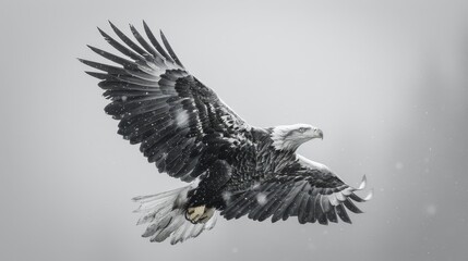   A bald eagle flies through the air in this black-and-white image, its wings fully extended