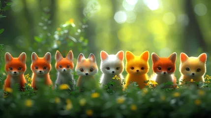 Fototapeten   A group of small foxes stands in a verdant field Green grass blankets the ground, dotted with sunlit yellow flowers Trees border the scene in the background © Jevjenijs