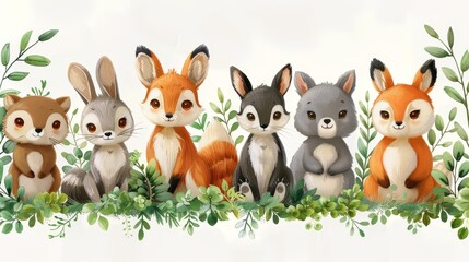   A collection of plush toys seated together on a verdant plant-covered terrain against a white backdrop