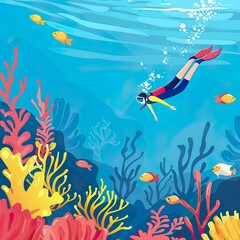 Fototapeta na wymiar The illustration vibrantly depicts a scuba diver exploring the rich and colorful underwater world of a coral reef teeming with marine life..