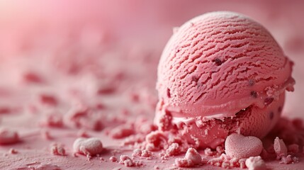   A pink scoop of ice cream atop a mound of pink sprinkles against a pink background
