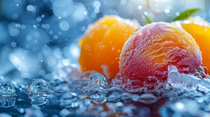   A couple of oranges sit atop a table, their surfaces close yet separate The table is dotted with ice and water droplets - obrazy, fototapety, plakaty