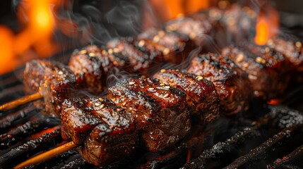   A tight shot of sizzling meat over a grill, emitting substantial smoke from its upper surface - obrazy, fototapety, plakaty