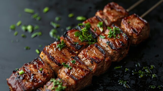   A tight shot of meat on a skewer against a black backdrop, adorned with garnishes