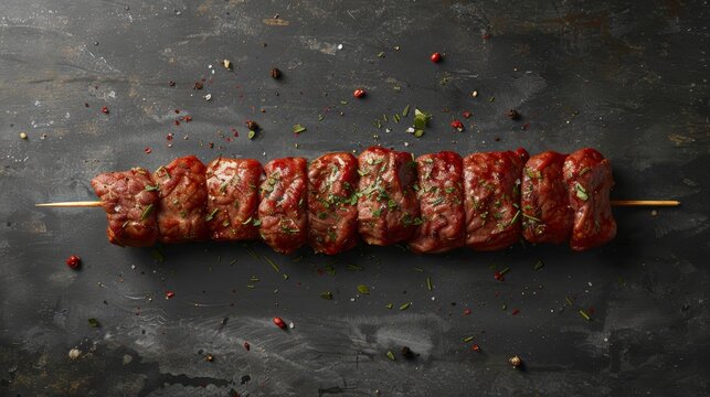   A tight shot of a skewered meat assortment on a stick against a dark backdrop, generously seasoned with spices and fragrant herbs