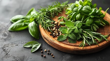   A wooden cutting board bearing numerous green herbs atop, nearby sits more herbs and green leaves on an adjoining wood board - obrazy, fototapety, plakaty