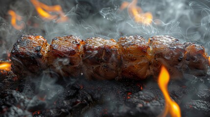   A tight shot of a sizzling steak above a grill, emitting flames and billowing smoke from its peak