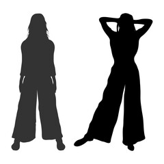 Vector silhouette of a girl from two angles in wide trousers, hands at the seams and hands behind her head, on a white background