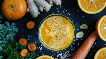 Healthy carrot and orange smoothie in a glass on a black background
