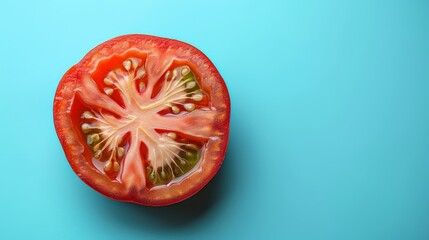   A tomato half rests atop a blue surface, its top bitten away - obrazy, fototapety, plakaty