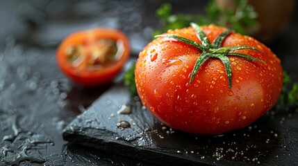   A tomato atop a cutting board, adjacent to a knife and a chunk of parmesan cheese - obrazy, fototapety, plakaty