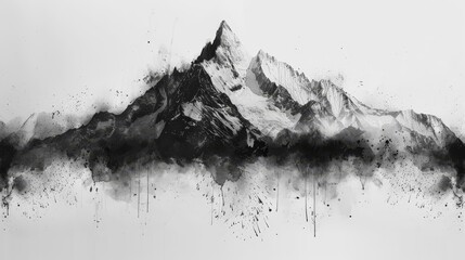   A black-and-white mountain painting, splattered with paint on its sides, culminates in a summit shrouded in black and white - obrazy, fototapety, plakaty