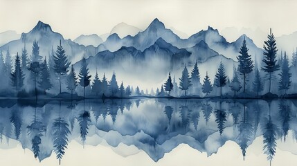   A painting of a mountain range with a foreground lake and trees, fog in background