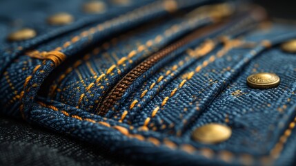   A tight shot of denim pants with gold rivets and a button on the pocket edge - obrazy, fototapety, plakaty