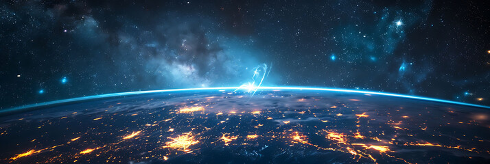 overhead view of satellite constellations in orbit, science and technology in action, realistic photography, copy space