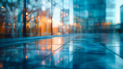Blurred glass wall of modern business office building at the business center use for background in business concept. Blur corporate business office. Abstract windows with a blue tint - obrazy, fototapety, plakaty