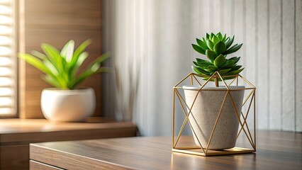 Decorative plant in a pot on a wooden table in the room