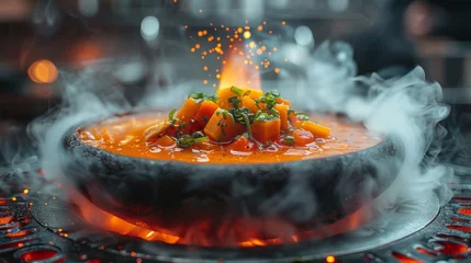Foto op Plexiglas   A close-up of a smoky bowl of food on the grill, with billows of steam and smoke escaping © Jevjenijs