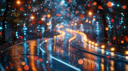   A clearer image of a wet road, a distinct street light, and a sharper background