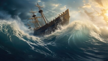 Ship battling giant waves in a stormy sea.