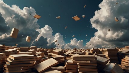 Many books and documents fell from the sky among the clouds. - obrazy, fototapety, plakaty