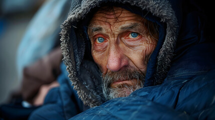 Portrait of a homeless man with despair in his eyes. Concept of social problems
